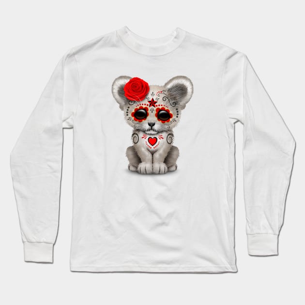 Red Day of the Dead Sugar Skull White Lion Cub Long Sleeve T-Shirt by jeffbartels